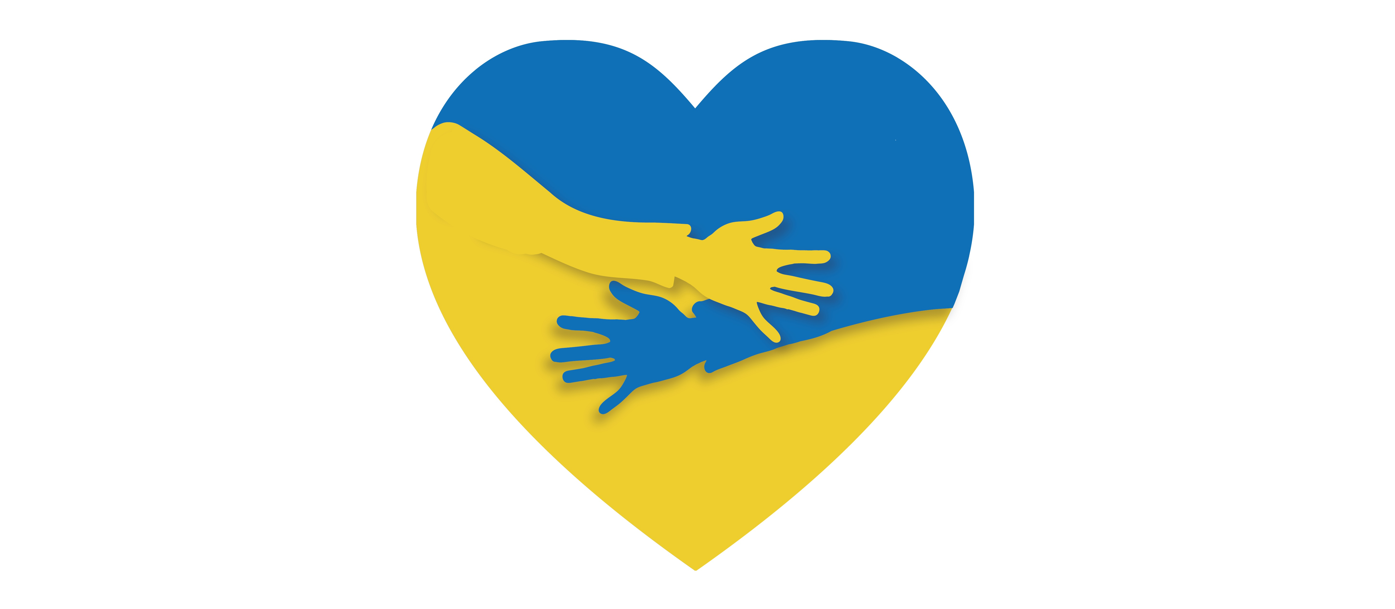 Sydän Ukrainan lipun väreillä. Sydämen sisällä kurottavat kädet.