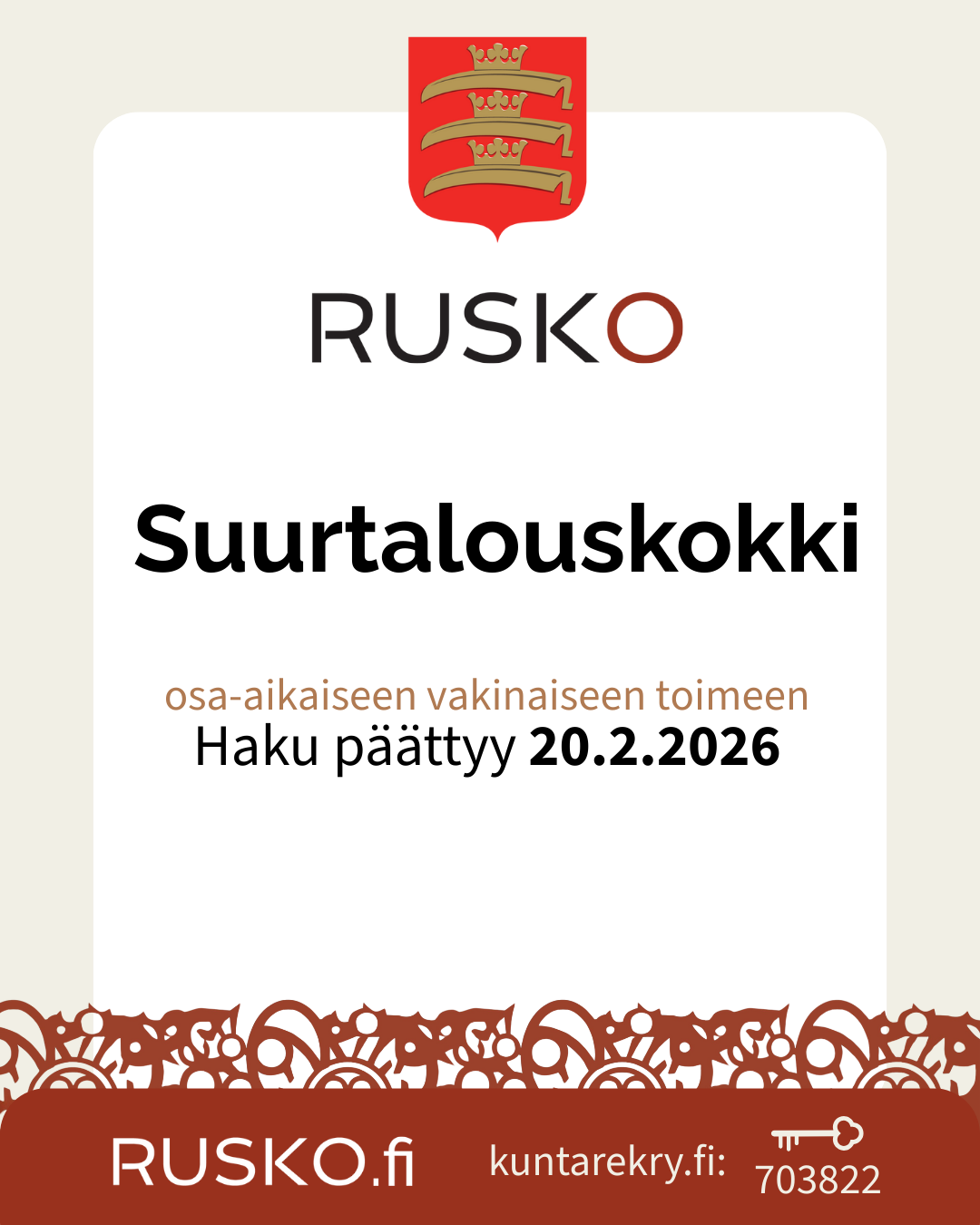 Suurtalouskokki osa-aikaiseen toimeen 1.4. alkaen. Hae kuntarekryssä 20.2. mennessä.
