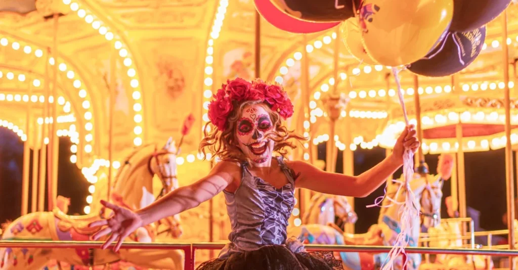 Dia los muertos-tyyliin maskeerattu tyttö valaistussa karusellissa.